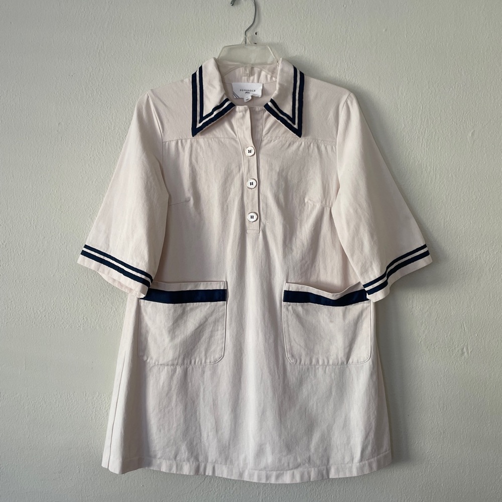 Tuckernuck Pomander Place Gardenia Hart Shirt Dress size Small, cream navy gold